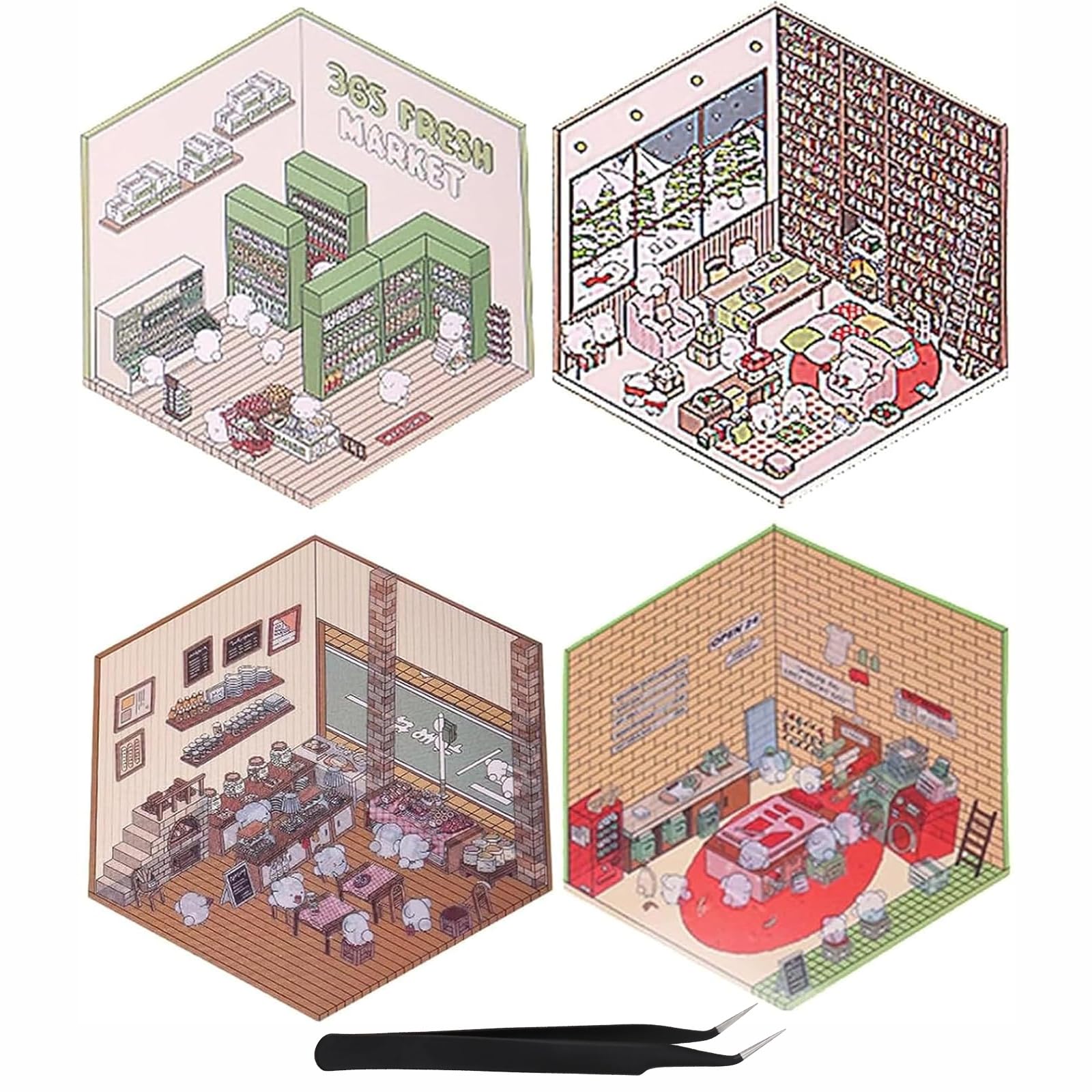 4 Set 3D House Stickers, Sticker Therapy Scene, DIY Fun Cartoon Miniature Landscaping, Coffee Stickers for Kids