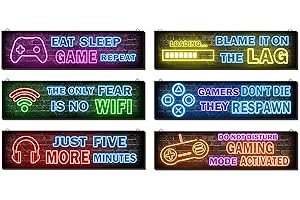 SIMIMI ART 6 Pcs Neon Gaming Decor for Boys Room Wooden Video Game Wall Art - Wall Decor for Boys Kids Room Bedroom Playroom Decorations