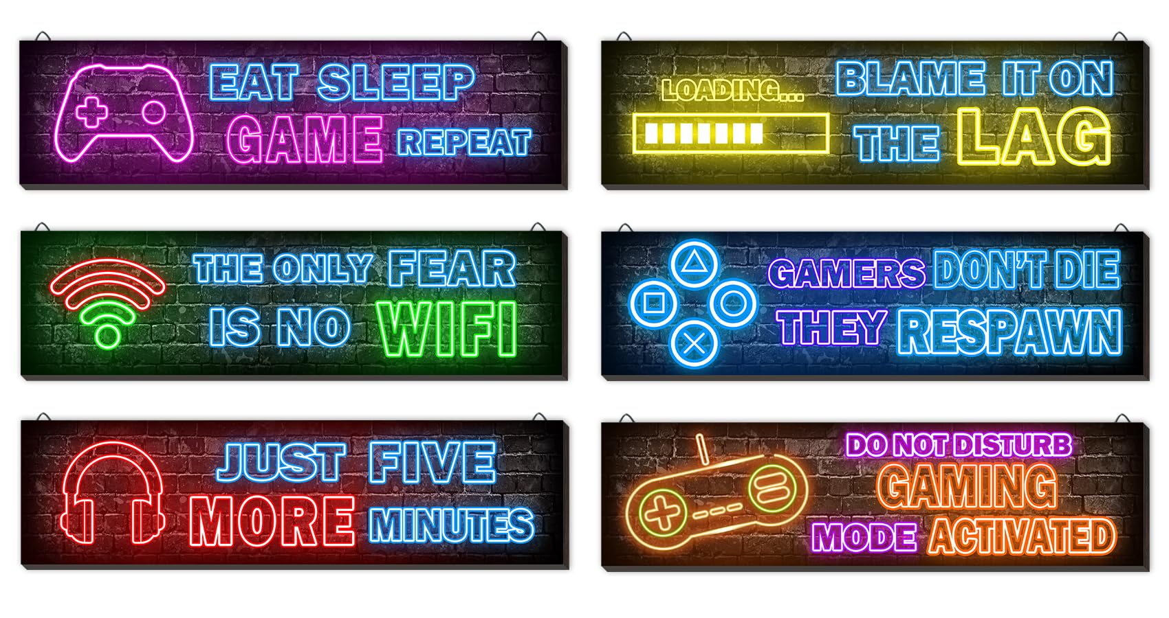 6 Pcs Neon Gaming Decor for Boys Room Wooden Video Game Wall Art - Wall Decor for Boys Kids Room Bedroom Playroom Decorations