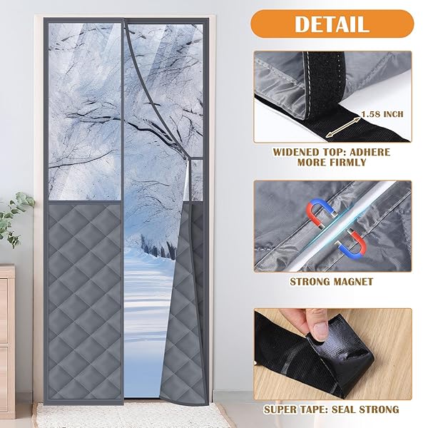 FANFANWIN 2 SETS MAGNETIC THERMAL INSULATED CURTAINS FOR 30″ X 80″ DOORS WITH CLEAR WINDOW WINTER THICKEN QUILTED OXFORD COTTON WATERPROOF DOOR COVER FOR COLD WEATHER(GRID, TRANSPARENT GRAY)