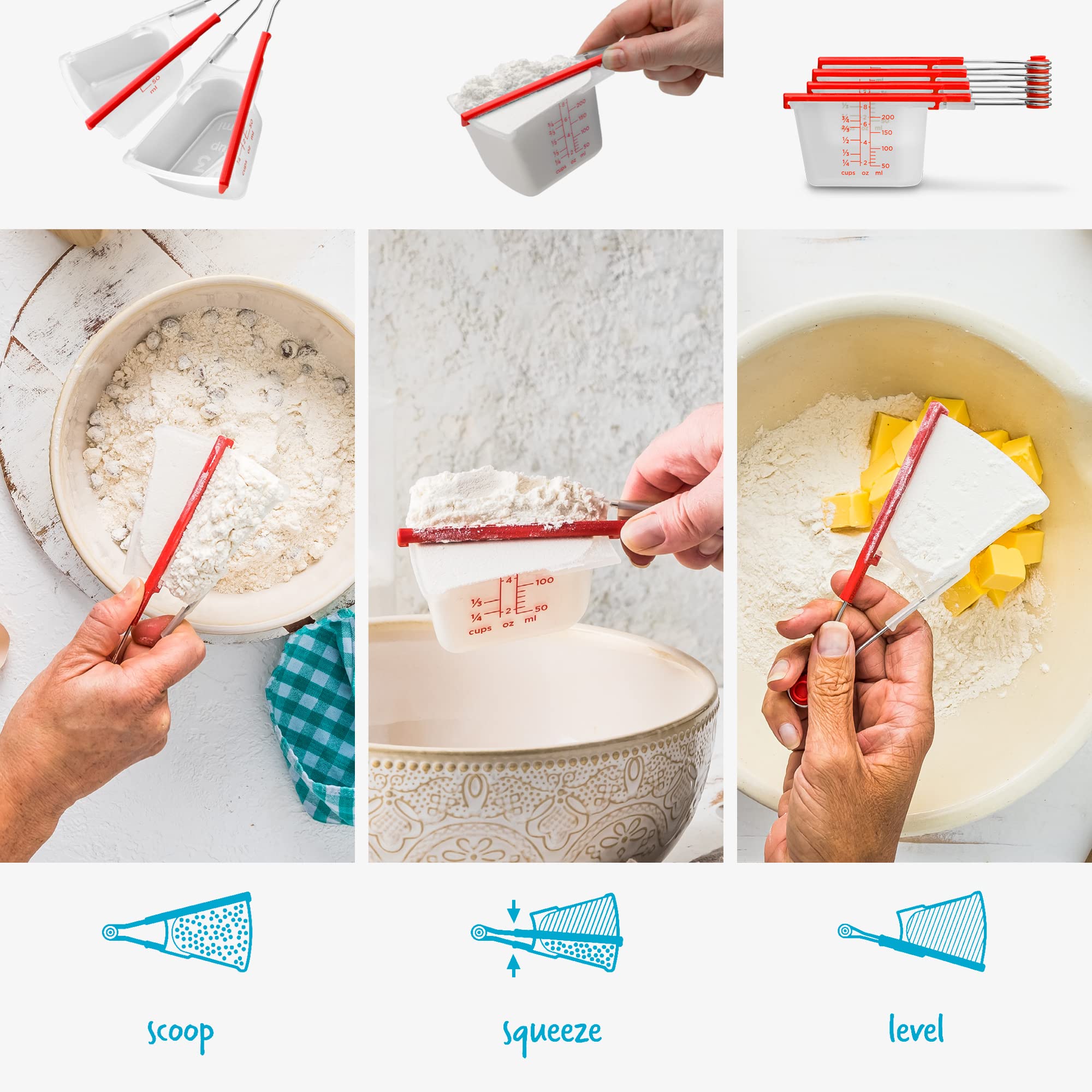 Condition photo showing New/Like New for dreamfarm levups | scraping self-leveling measuring cups | set of 4 cups | red + clear