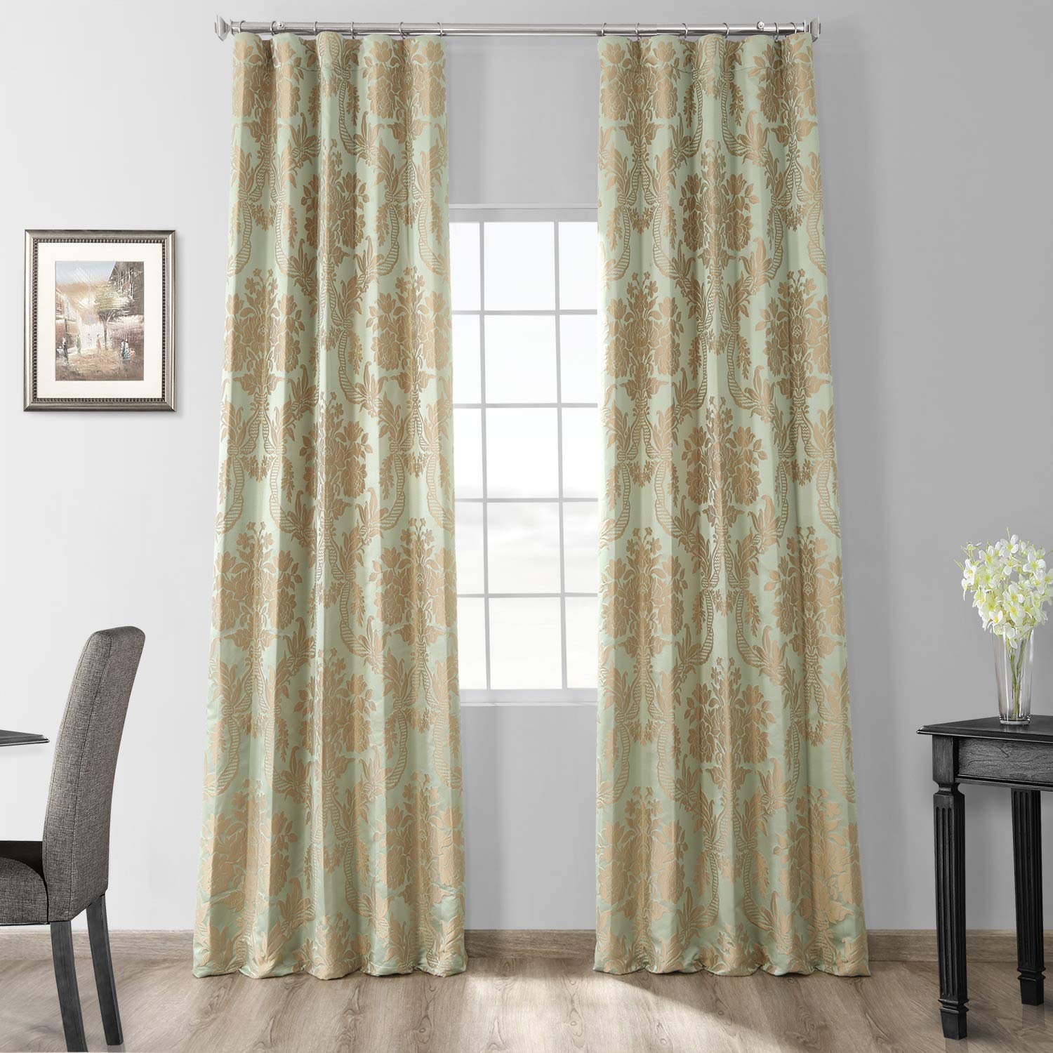 HPD Half Price Drapes Designer Damask Curtains for Room Decoration 96 Inches Long Faux Silk Room Darkening Curtains (1 Panel), 50W x 96L, Jade & Gold