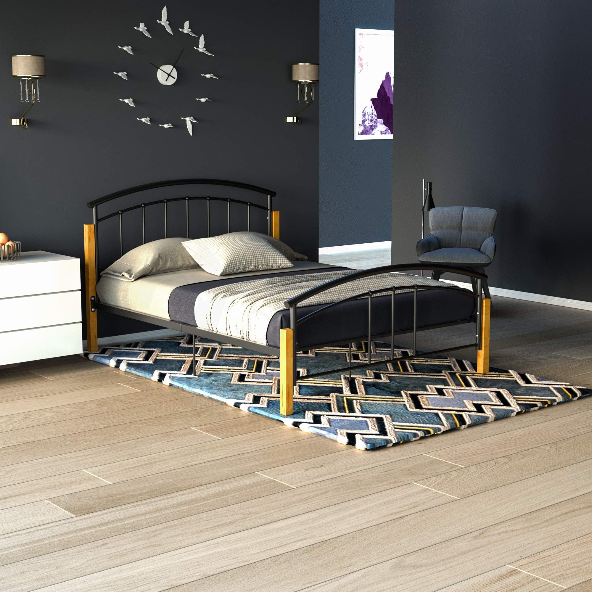 Vida Designs Venice King Size Bed, 5ft Bed Frame Metal & Wood Solid Headboard Low Foot End Bedroom Furniture, Black