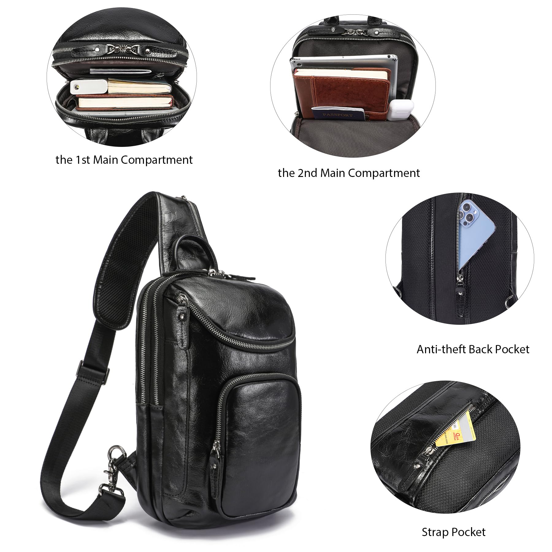 LANNSYNE Vintage Full Grain Leather Sling Bag Crossbody Chest Daypack