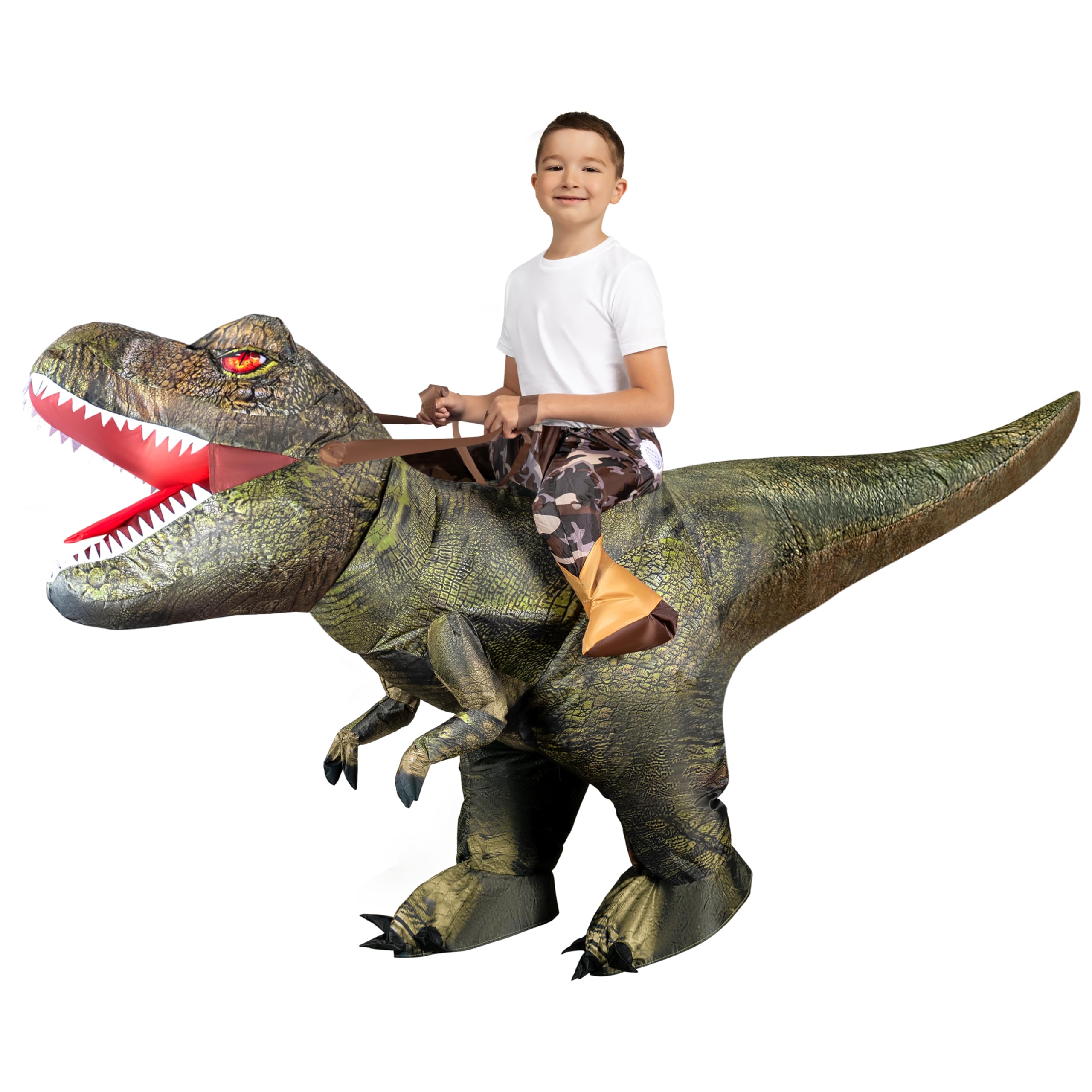 Photo 1 of Spooktacular Creations T-Rex Inflatable Costume for Kids, Funny Air Blow Up Costumes, Digital Printing Ride-On Dinosaur for Halloween Parties, (Green M)