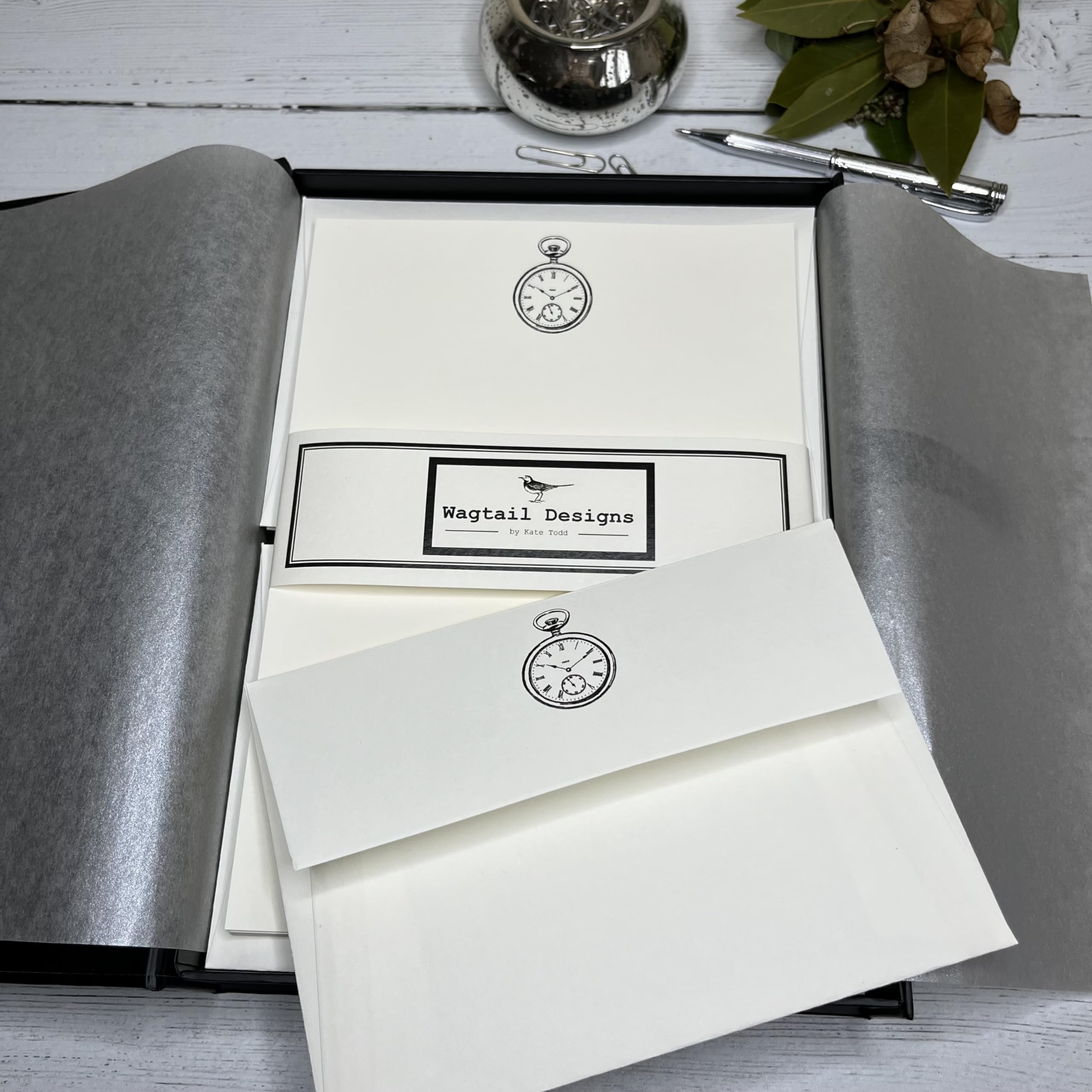 Wagtail Designs Writing Paper Gift Set with a Pocket Watch Illustration in a Lovely Black Box with Ribbon (18 Sheets and 18 envelopes)