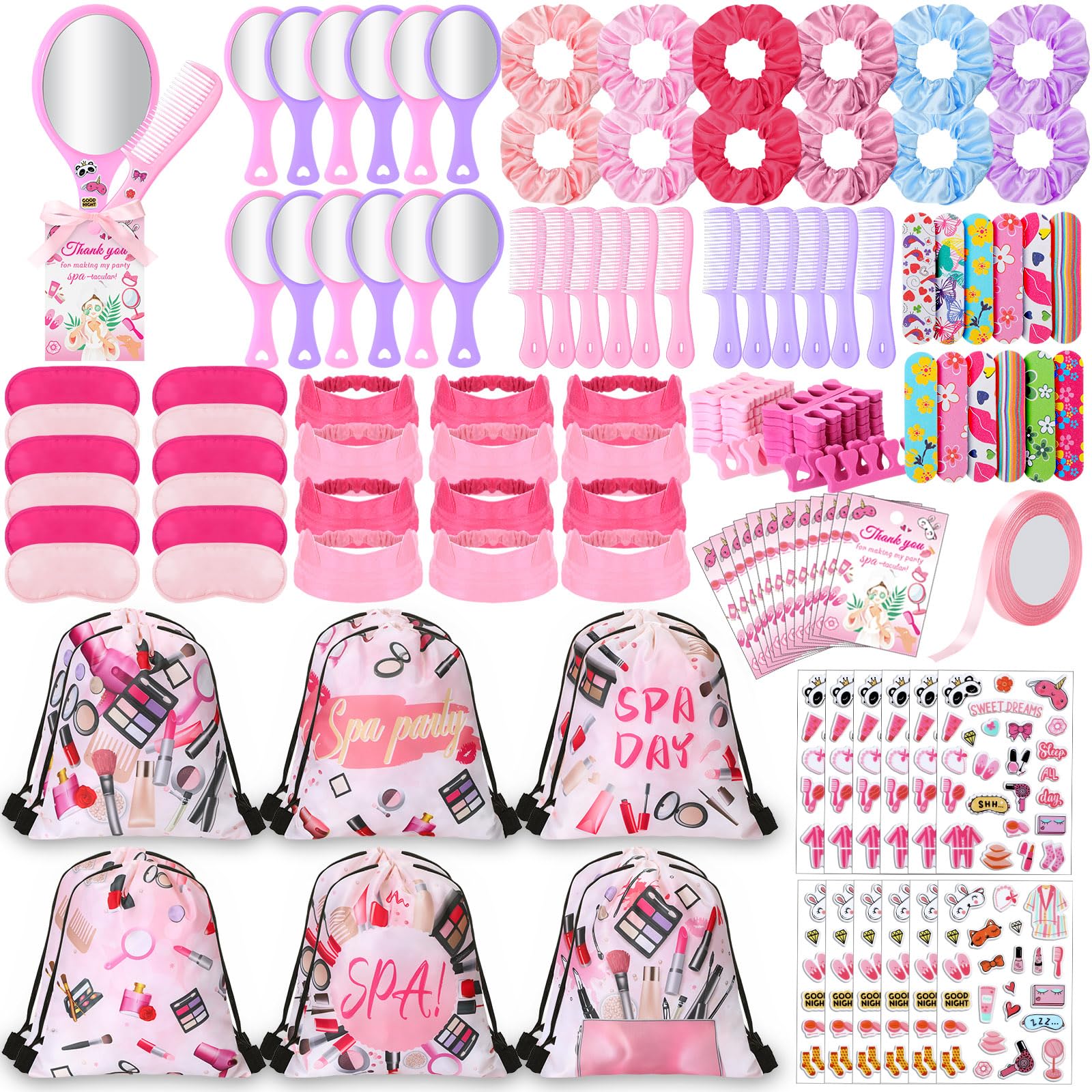 Photo 1 of Suncalla 217 Pcs Spa Party Supplies Spa Slumber Sleepover Beauty Party Bulk Drawstring Backpack Sleep Mask Mirror Combs Hair Band Nail File Hair Scrunchies Satin Stickers Greeting Card for 12 Girls