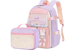 GAZIGO Backpack for Girls with Lunch Box, Kids School Backpack Elementary Knapsack Preschool Kindergarten BookBag Set Cute Bunny Daypack(Lunch Bag Sets Purple)