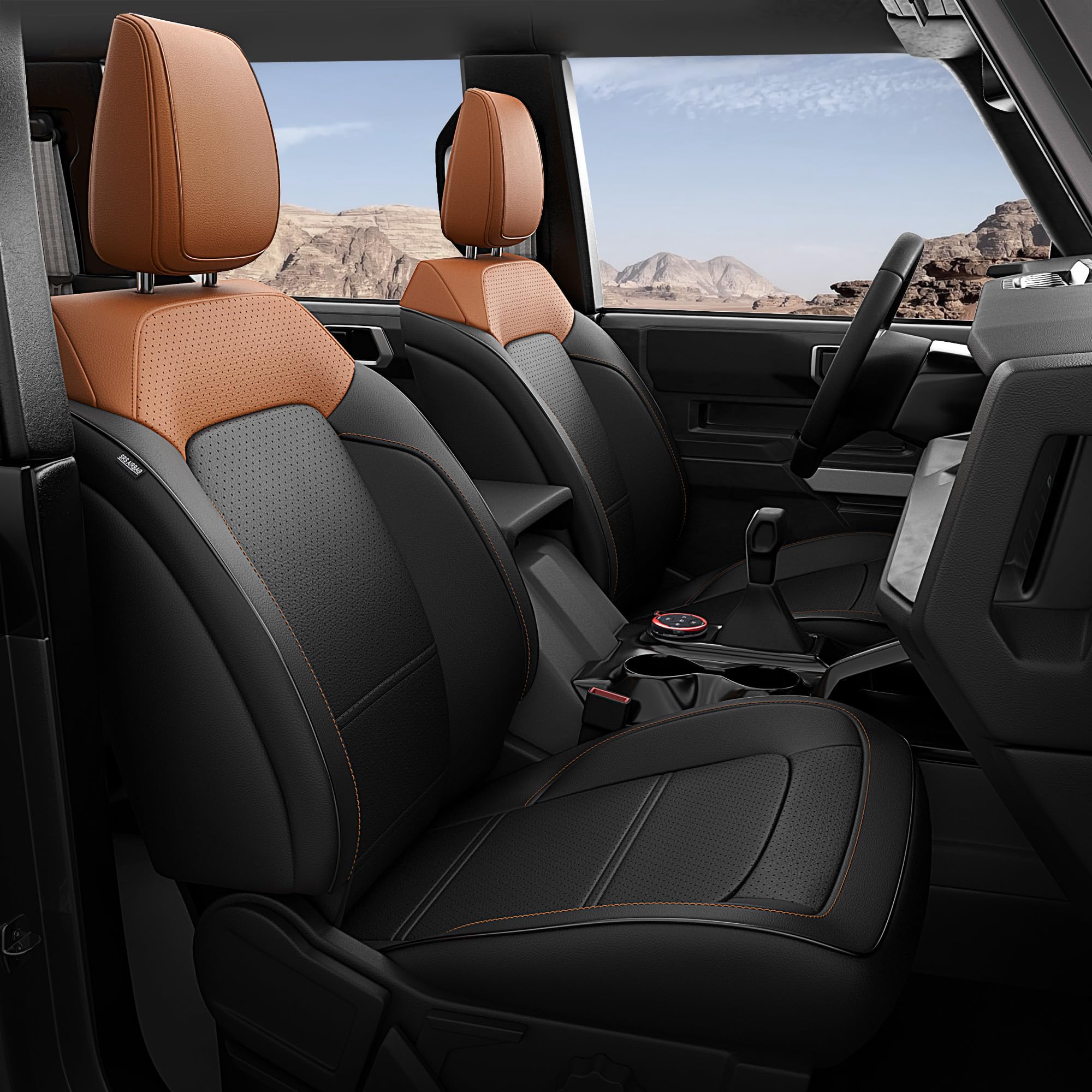 Photo 1 of FEINEPRO Seat Covers for Ford Bronco 4 Door 2026 2025 2024 2023 2022 2021, 1:1 Customized Fit Breathable Leather Seat Cover, Full Set with Rear Cup Holder, NOT for Raptor (BlackBrown)