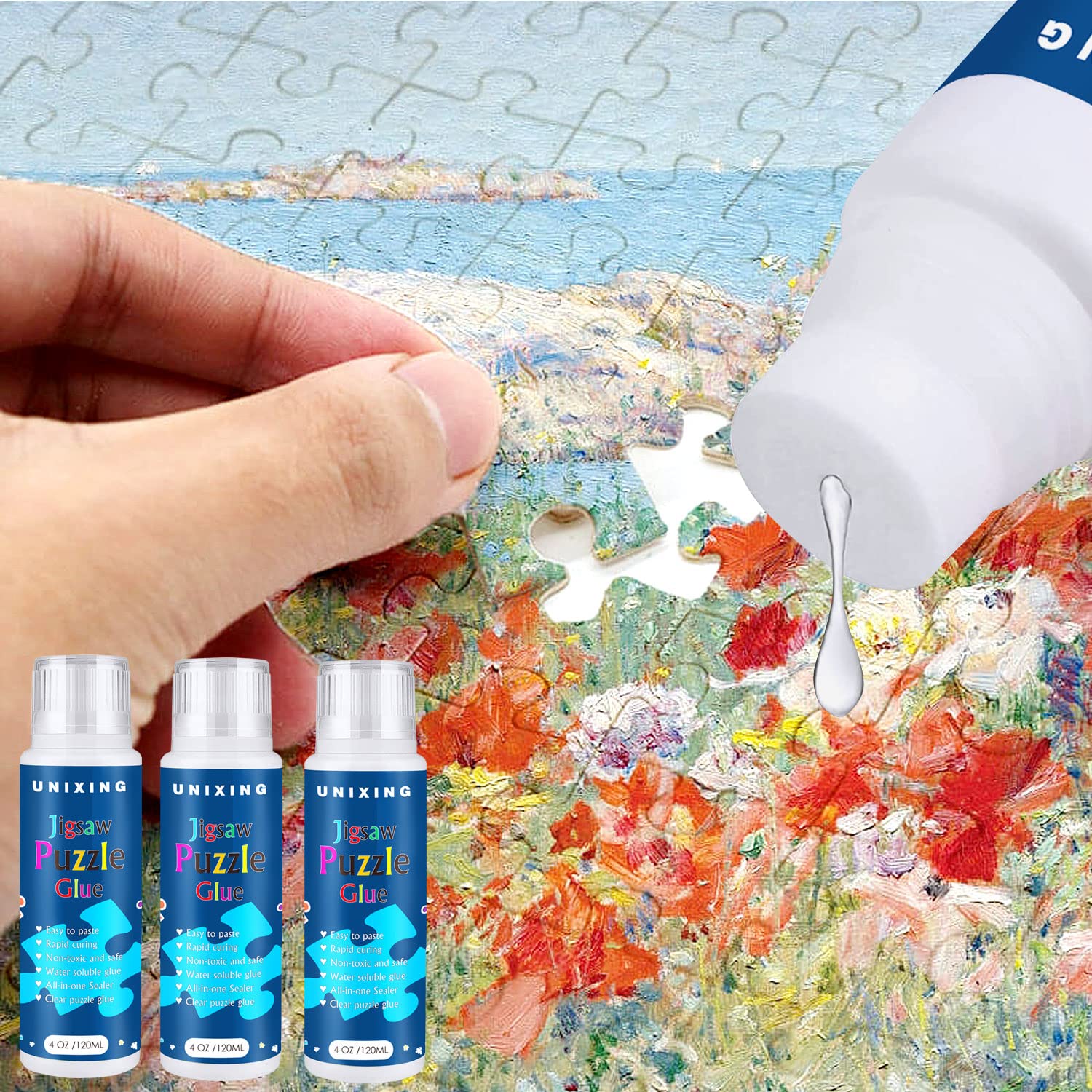 3PCS Jigsaw Puzzle Glue Clear Puzzle Glue with Sponge Head, Water Soluble Craft Puzzle Glue Puzzle Protect Glue for 3000/3500/5000 Pieces of Puzzle (3 Bottle X 120ML)