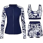 Cagola Rash Guard for Women 3 Piece Swimsuits Long Sleeve Bathing Suit with Boyshorts and Bra Ladies Swim Over 50 UPF 50+