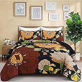 DJY Floral Quilt Set Queen Size Black Boho Bedspread Coverlet Set 3 Pieces, Botanical Quilt Lightweight Microfiber Farmhouse Floral Bohemian Bedding Set with 2 Pillow Shams for All Season (96''x90'')