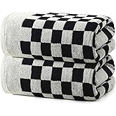 REDKISS 2 Piece Large Black and White Bath Towels Set - 27”x55” Highly Absorbent 600GSM Cotton Checkered Towels for Bathroom Decoration, Retro Checkered Design
