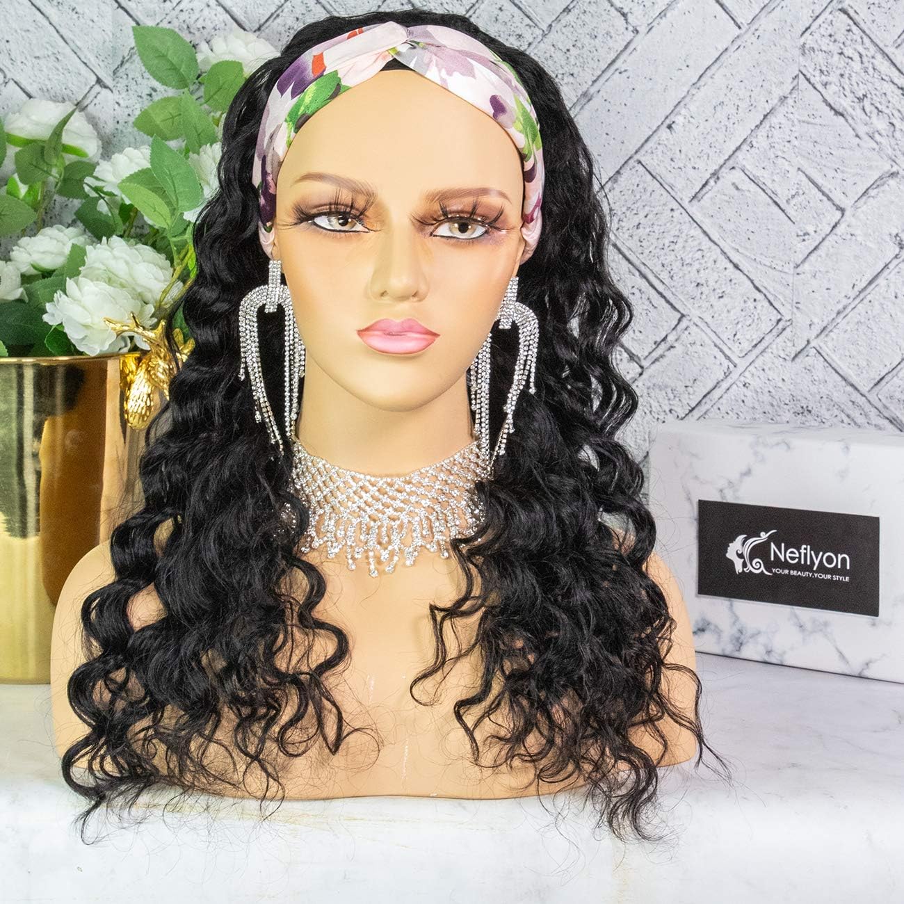 Neflyon Loose Wave Headband Wigs for Black Women None Lace Front Human Hair Wig Gluess Magic Tape Snapping Machine Made Wig 150% Density Nature Color 14 inch - Image 4