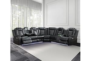 Caberryne Power Recliner Sofa Sectional Couches with LED Light for Living Room,Leather Reclining Corner Sectional Sofa with 2 Recliner Seats,Cup Holder,Storage Console for House/Home Theater, Black