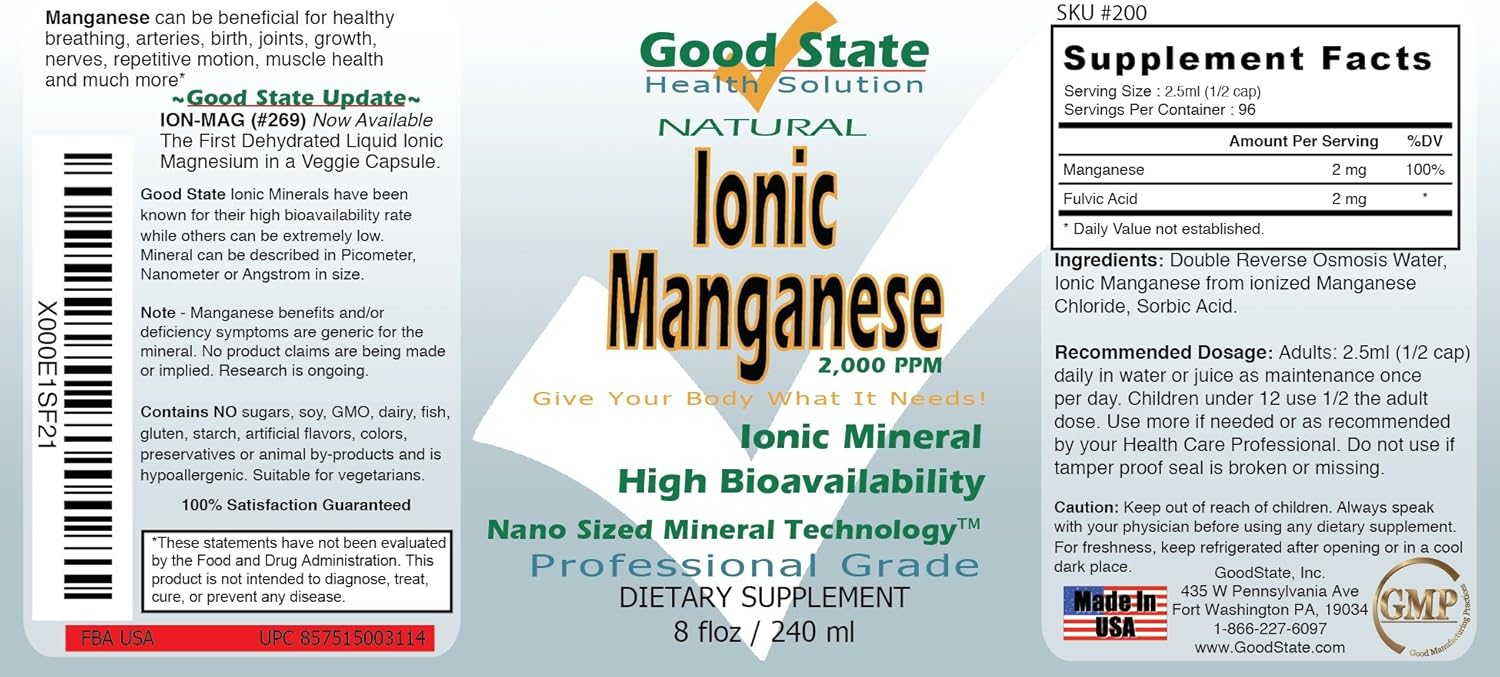Good State Liquid Ionic Manganese (96 servings at 2 mg elemental, plus 2 mg fulvic acid - 8 fl oz): Health & Personal Care