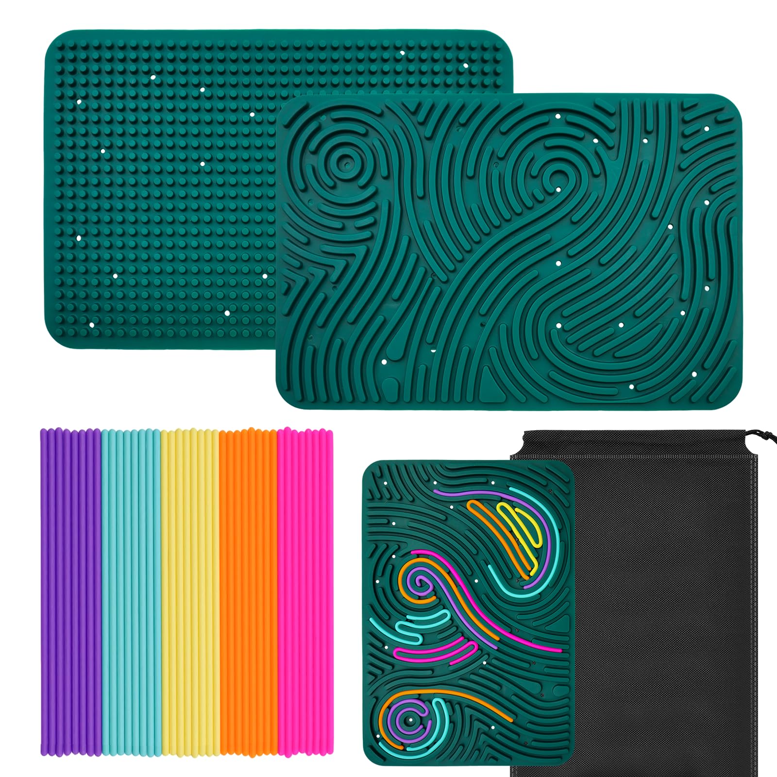 OMJMYY Sensory Activity Board 29.5 x 20 cm Push Peel Sensory Board Silicone Fidget Toy with Travel Bag & 40 Strings Silicone for Kids 3+ & Adults Calming Stress Anxiety,ADHD & Autism(Green)