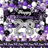 Miidenks 28th Birthday Decorations for Women, Purple Black Happy 28 Party Decor with Backdrop Banner, Tablecloth, 28 Number Foil Balloons for Her