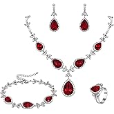 BriLove Wedding Bridal Necklace Earrings Bracelet Ring Jewelry Set for Women Crystal Floral Leaf Teardrop Y-Necklace Tennis Dangle Resizable Ruby Color Silver-Tone
