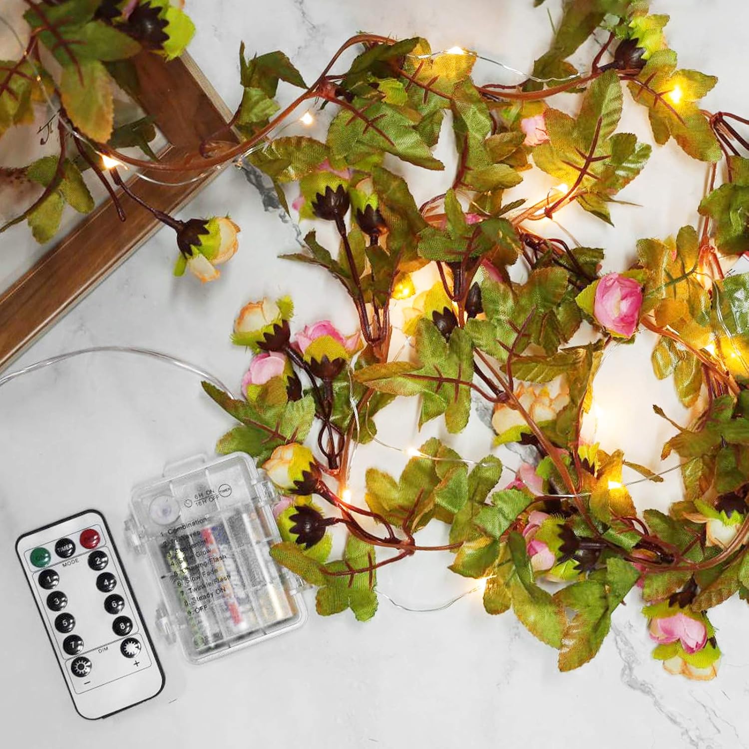 LiteBee LED Rose String Lights Artificial Rose Ivy Garland String Lights 6.5ft 20 LEDs Battery Operated String Lights for Home Garden Party Parasol Wedding Decorations