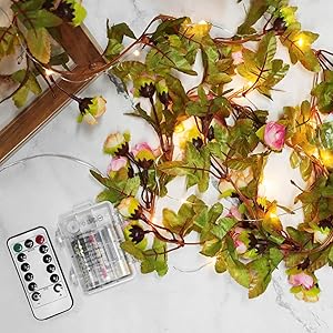 LiteBee LED Rose String Lights Artificial Rose Ivy Garland String Lights 6.5ft 20 LEDs Battery Operated String Lights for Home Garden Party Parasol Wedding Decorations