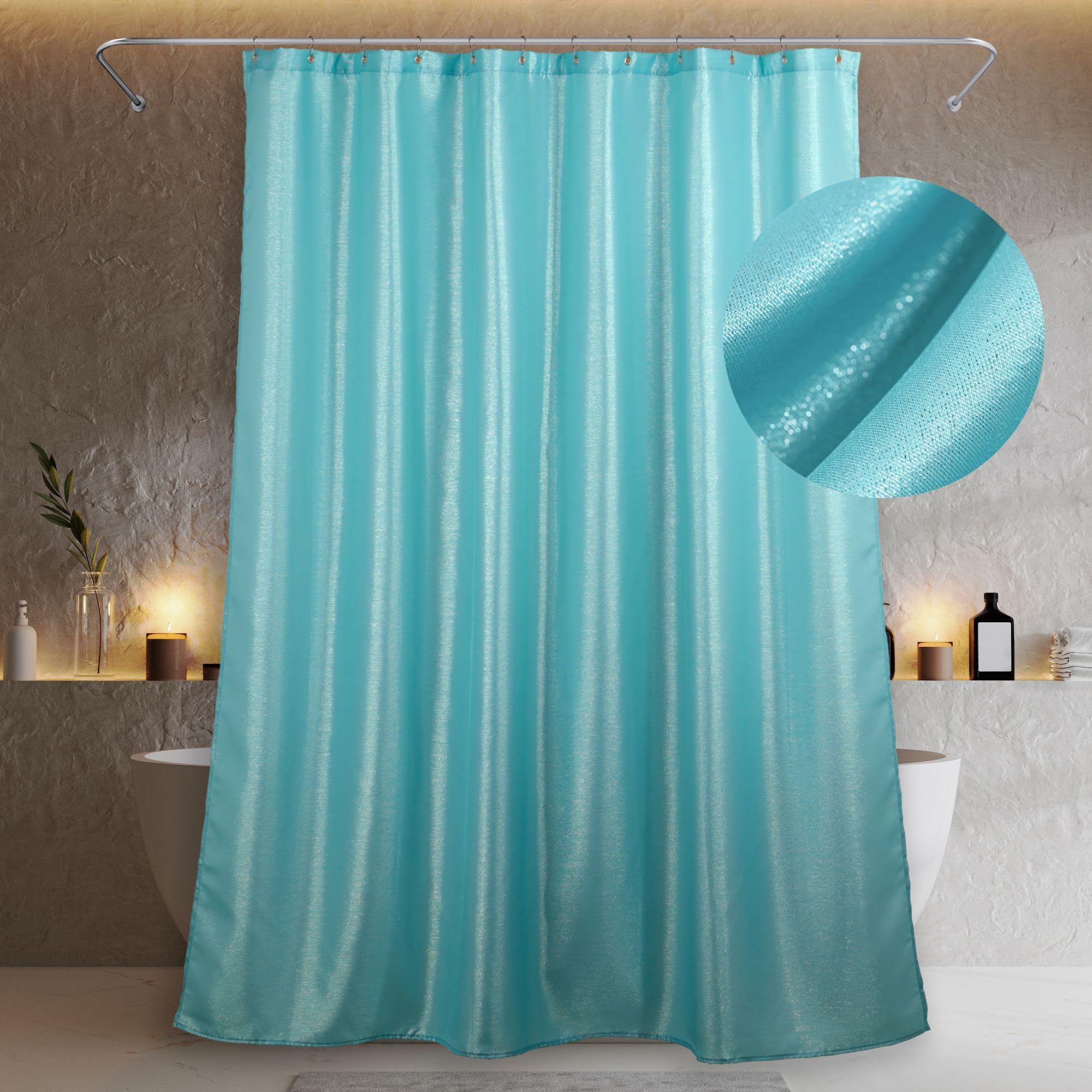 Aqua Blue Glitter Shower Curtain: Turquoise Teal Sparkle Bling Shiny Metallic Curtain for Bathroom - Anti Mould Water Repellent Washable Polyester Shower Curtain for Wet Room - 183 x 183cm Drop