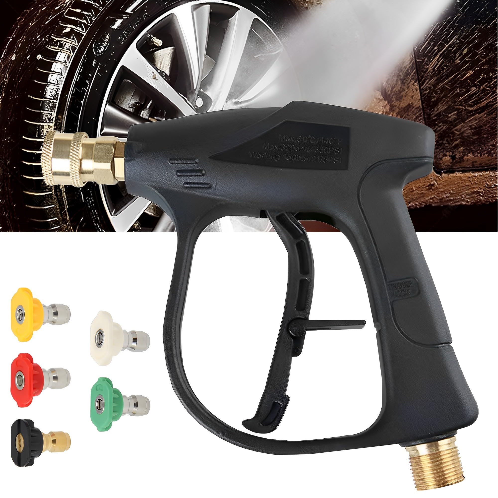WYFCR High Pressure Washer Gun, with 5 Water Nozzle Tip, M22 14MM Fitting Hose Connector, 1/4" Connector Pressure Washer Accessories,stubby gun , for Karcher, or Car Washing and Patio Cleaning