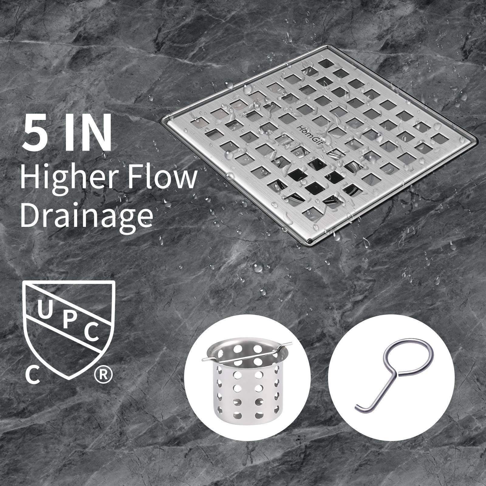 HomGif 5 Inch Square Shower Floor Drain for Bathroom Kitchen SUS 304 Stainless Steel Brushed Finish with Removable Hair Strainer Quadrate Pattern Cover