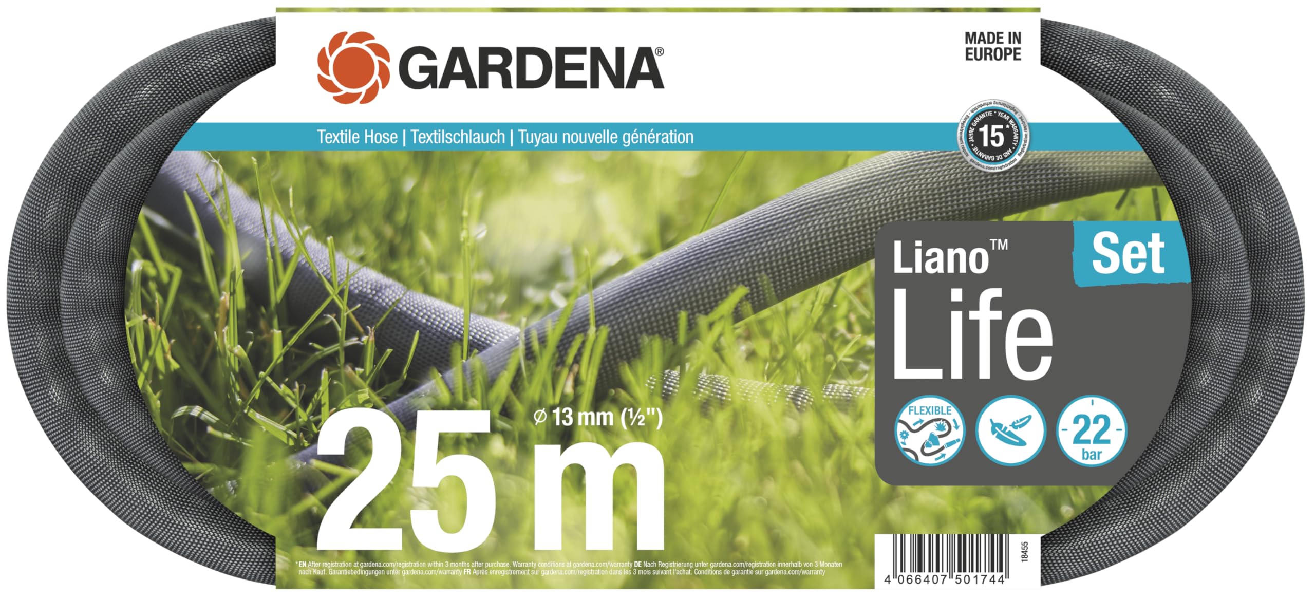 Gardena Liano Life Textile Hose 1/2 inch, 25m: Highly flexible textile garden hose, with PVC inner tube, no kinking, lightweight, weather-resistant (18455-20) - Packaging May Vary