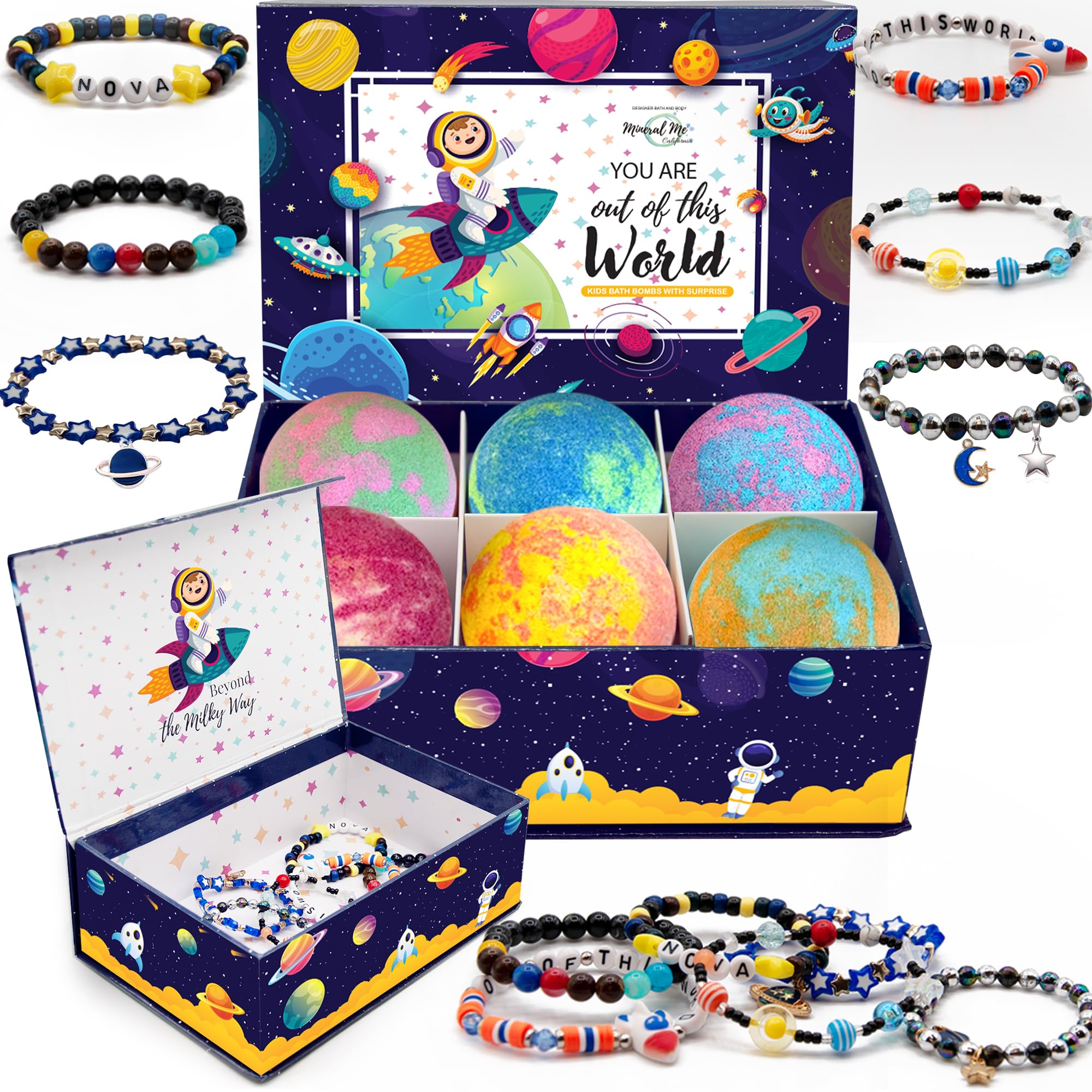 Bath Bombs for Kids with Jewelry Inside & Keepsake Box - Designer Space Galaxy Bracelets, Organic, Skin Moisturizing, Natural Kids Bath Bombs with Surprise Inside, Birthday Gifts for Boys, Girls