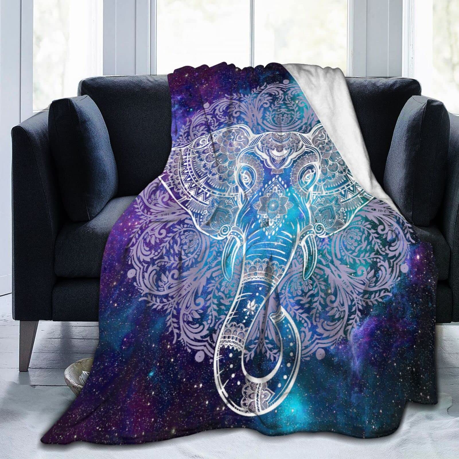 ASLIGI HOME STORE Elephant Throw Blanket Warm Fleece Blanket Soft Warm Animal Indian Elephant Style Printed Flannel Blanket for Bed, Couch and Sofa, 50x60in