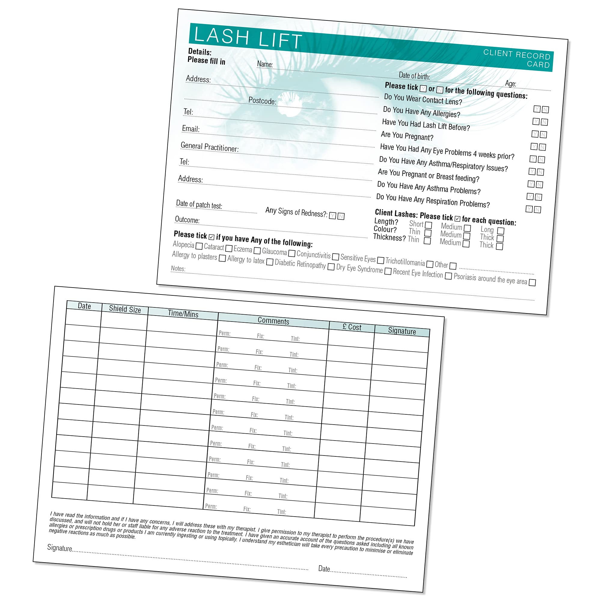Lash Lift Client Record Card - Treatment Consultation Form for Mobile Therapists & Salons A6 Pack of 50 - Landscape