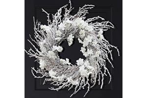 BINFEN 20 Inch White Flower Winter Wreath with Snow Flocked Twigs- Artificial Winter Wreaths for Front Door Porch Wall Window Porch Indoor Outdoor Decor Christmas Decorations (20")