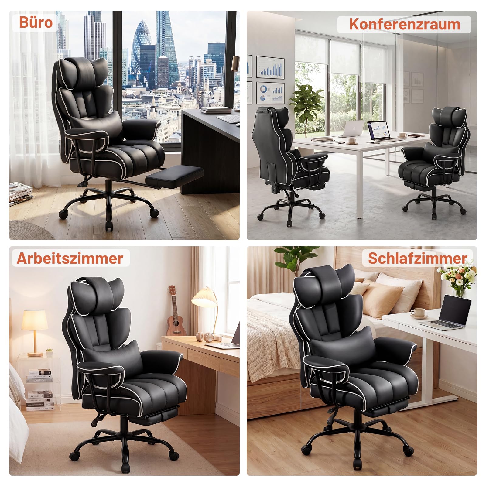 Ckaff Bürostuhl Chefsessel Ergonomisch, Gaming Stuhl aus PU Leder, Bürostuhl 200kg mit Fußstütze und Lendenwirbelstütze, Schreibtischstuhl mit Verstellbarer Rückenlehne (Schwarz) 8