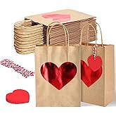 ASOEMERZ 24 Pcs Valentines Day Bags with Heart Tags Double-Sided Foil Paper Bag with Handles, Red Heart Party Favor Bags for Valentine's Day, Weddings, Birthday Parties