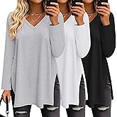 Huukeay 3 Pack Womens Oversized Long Sleeve T Shirts V Neck Knit Casual Workout Tunic Tops Side Split Loose Basic Tees