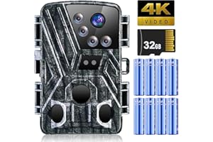 PUNVOE 4K Trail Camera, 32MP Game Camera with No Glow Night Vision Motion Activated Waterproof, 0.1S Trigger Time, 120° Wide Angle, 32GB SD Card, 2.4'' LCD Hunting Camera for Wildlife Monitoring