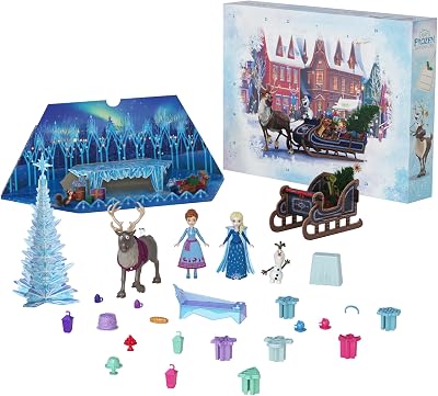 Disney Frozen Advent Calendar, 24 dias de surpresas com mini bonecas de Elsa, Anna, Olaf e Sven e 20 presentes, brinquedo de presente para meninos e meninas +3 anos, HWX20