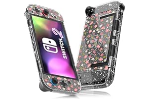 FUNDIARY Clear Case for Switch 2 with Glitter Sakura Design, Shock-Absorption Accessories with Slim Hard PC Protective Cover Skin and Ergonomic Grip Case for Switch 2 Game Console & Grips Controller