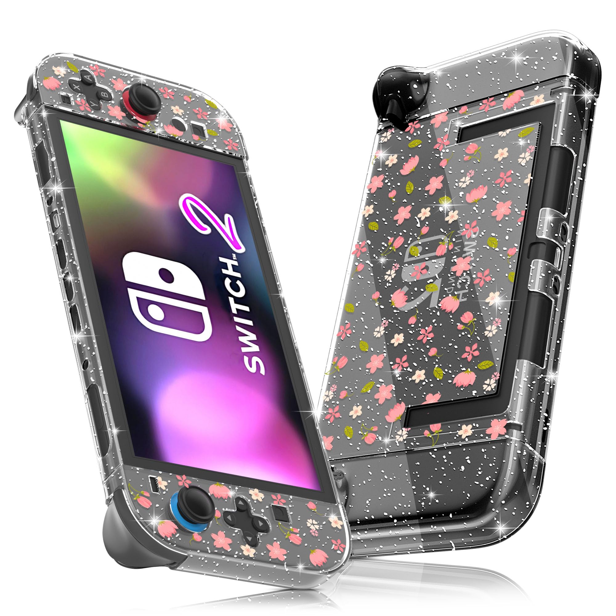 Photo 1 of FUNDIARY Clear Case for Switch 2 with Glitter Sakura Design, Shock-Absorption Accessories with Slim Hard PC Protective Cover Skin and Ergonomic Grip Case for Switch 2 Game Console & Grips Controller