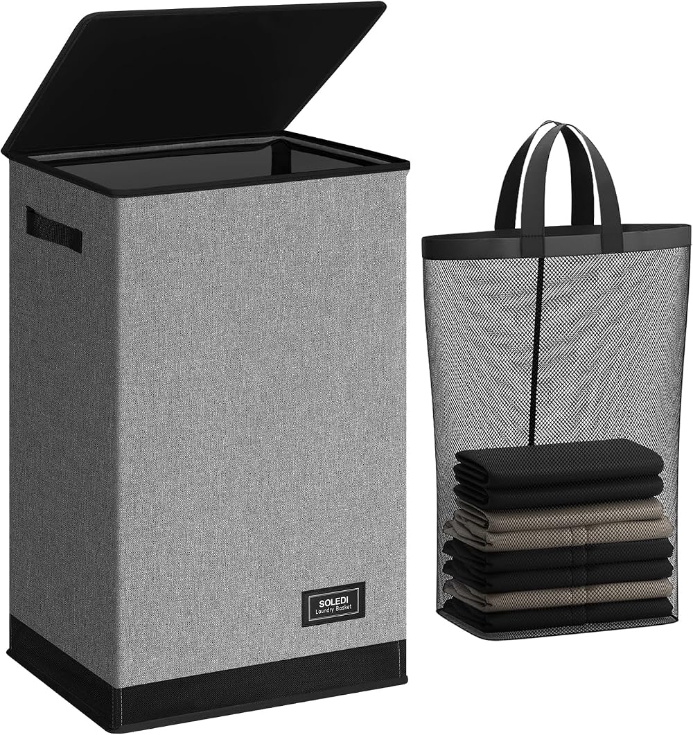 SOLEDI 90L Laundry Basket with Lid Collapsible Removable Inner Bag Grey