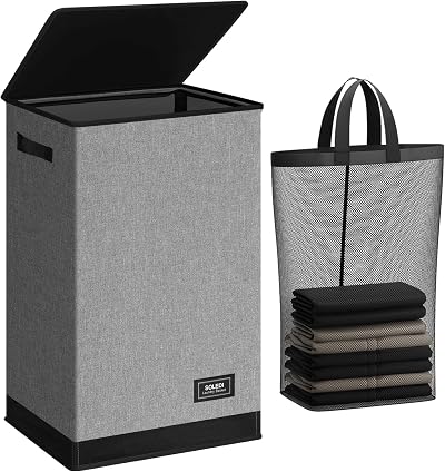 SOLEDI 90L Laundry Basket with Lid Collapsible Removable Inner Bag Grey
