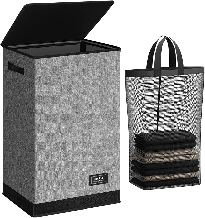 SOLEDI 90L Laundry Basket with Lid Collapsible Removable Inner Bag Grey