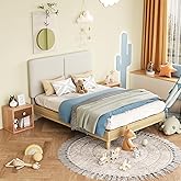 VECELO Twin Size Bed Frame Upholstered Platform Height-Adjustable Cotton and Linen Headboard, Heavy Duty Wood Slats, Noise-Free, No Box Spring Needed, Easy Assembly, Beige