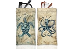 Mingdcdc Squeeze Top Eyeglass Cases Pack of 2,PU Leather Soft Sunglasses Pouches,Vintage Octopus and Turtle Print Eyeglass Ca