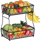 XYZLVSI 2-Tier Countertop Fruit Basket Bread Bowl for Kitchen, Vegetable Potato Onion Storage Wire Basket, 13.8-Inch, Black
