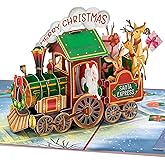 POPWOW Christmas Train Pop Up Cards, Santa Claus, Reindeer, 3D Xmas Greeting Card, Beautiful Gift for Kid, Husband, Wife, Grandma, Grandpa, 5x7 - Includes Envelope And Message Note