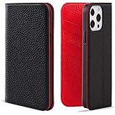 VISOUL Pebbled Genuine Leather Case for iPhone 13 Pro Max Wallet Case with Card Holder Flip Folio Cover with Magnet Kickstand for iPhone 13 Pro Max (6.7")(Black+Red)