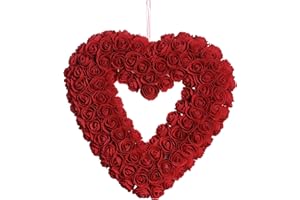 JINGHONG Valentine’s Day Wreath,13 Inch Artificial Heart Wreath Valentines Day Wreaths for Front Door with Artificial Red Roses for Valentine’s Day Gifts Anniversary Wedding Candlelight Dinner Decor