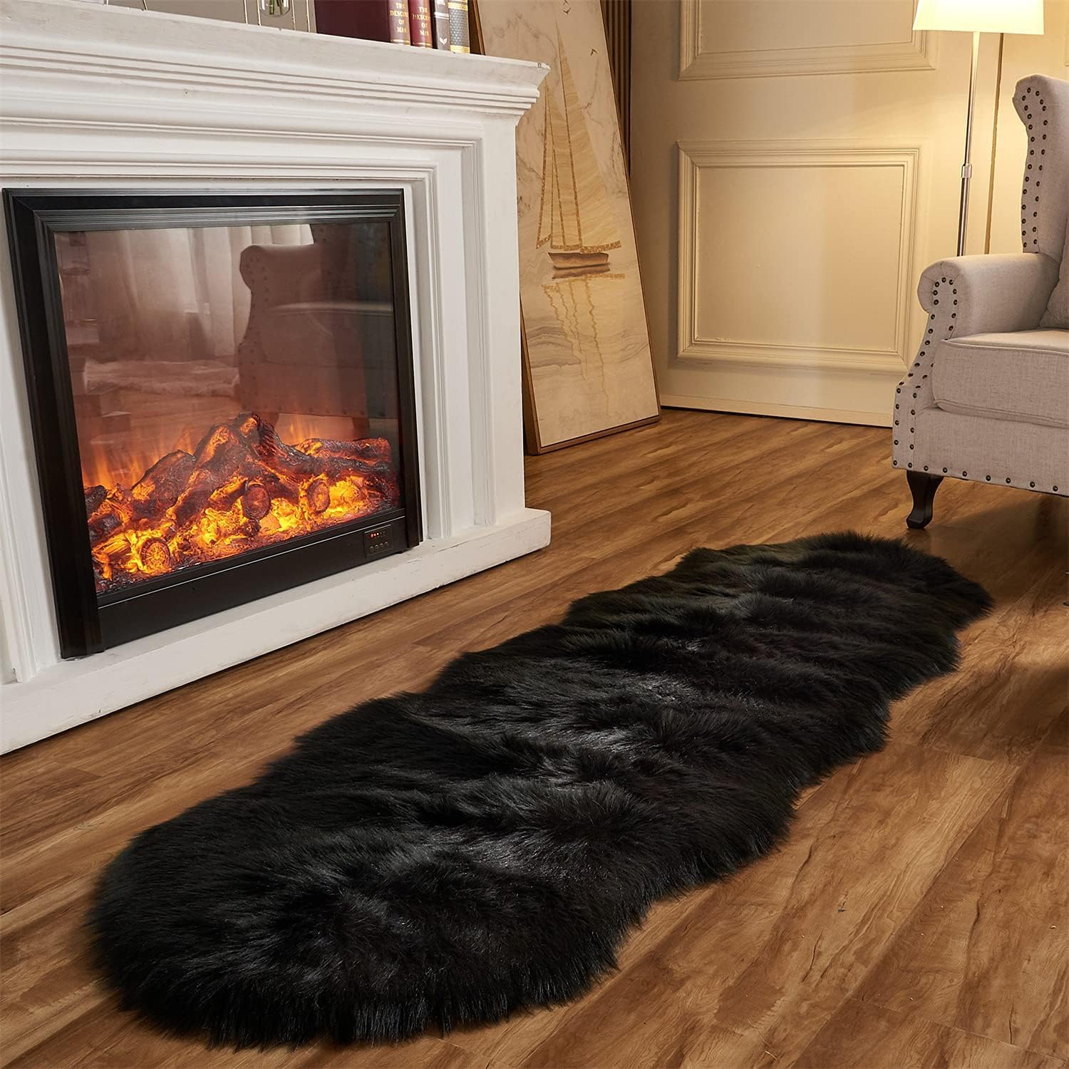 JXLOULAN Soft Fluffy Faux Sheepskin Area Rugs Black 80x180 cm Faux Fur Rug Floor Carpets for Bedrooms Living Room Kids Rooms Decor